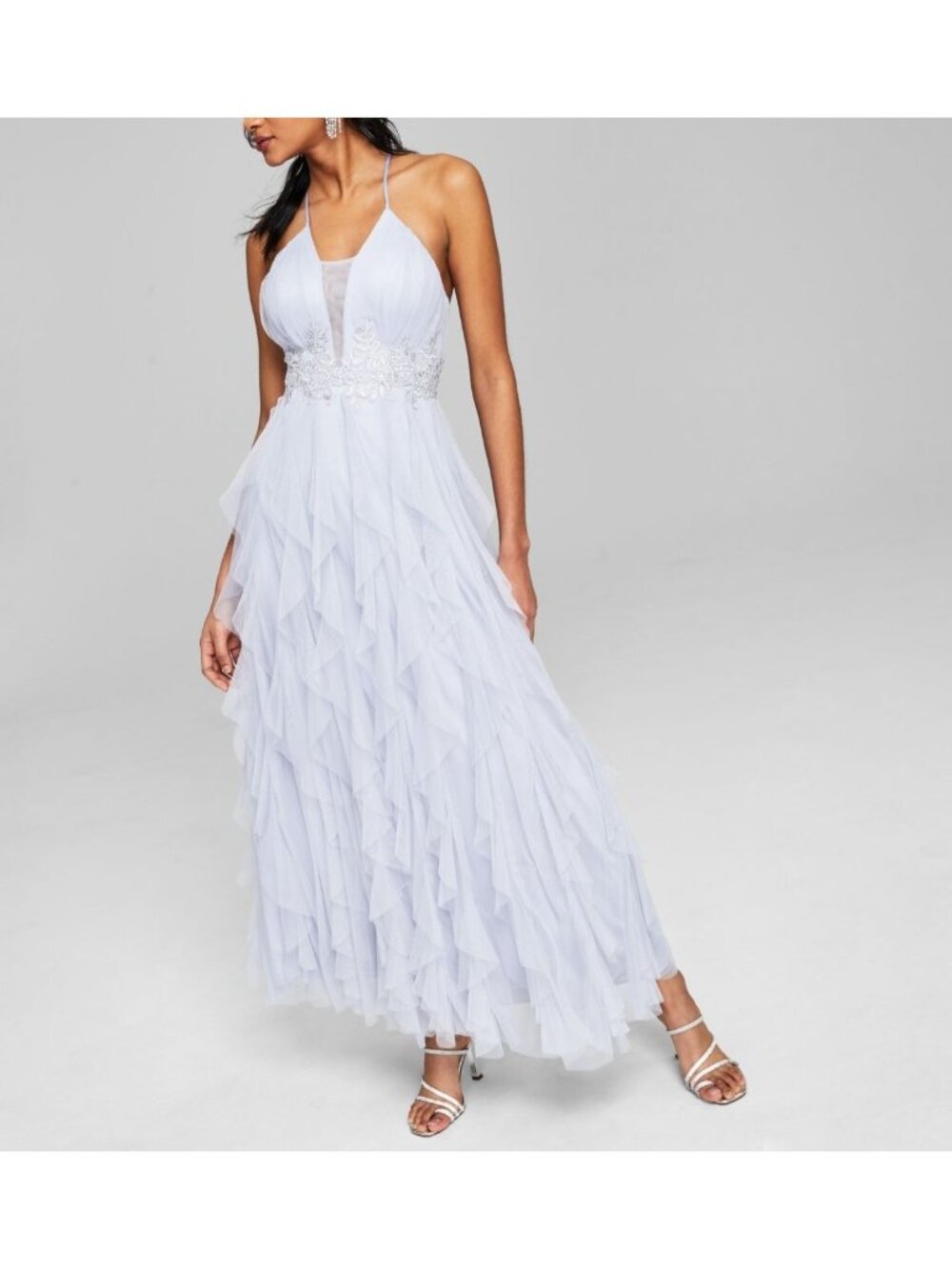 TEEZE ME Womens Petal Sleeveless Halter Maxi Prom Gown Dress Silver Size 1\2 NWT